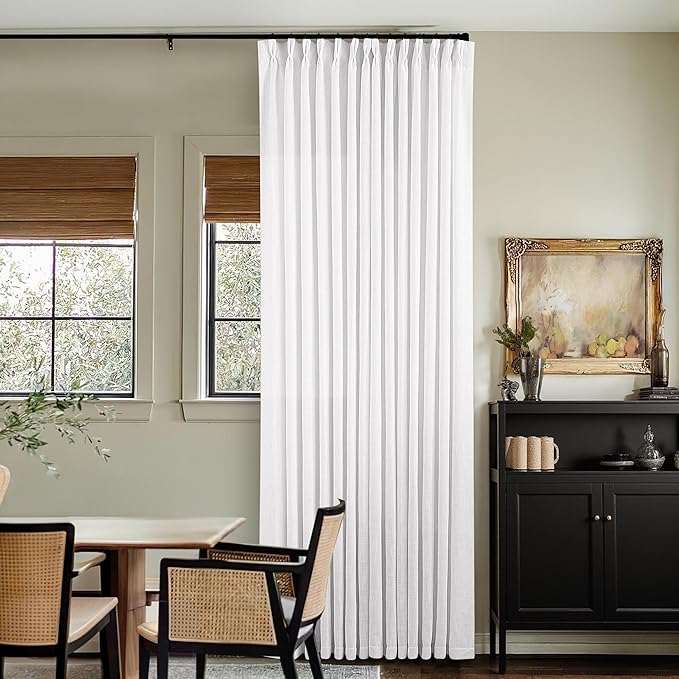 White Linen Pinch Pleated Curtains 102 Inches Long 2 Panels for Living Room Bedroom Snow White Thick Linen Pleated Hooks Rings Back Tab Luxury Light Filtering 102 Inch Curtain Drapes for Sliding Door