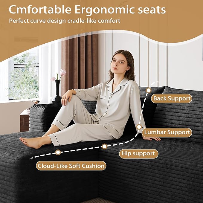 96" Sectional Couches for Living Room Modern Modular Sofa with L-Shape Couchs Upholstered Boneless Couch Deep Seat Sectional Couch with Chaise (Black, 96" Left Facing Chaise+2Seaters)