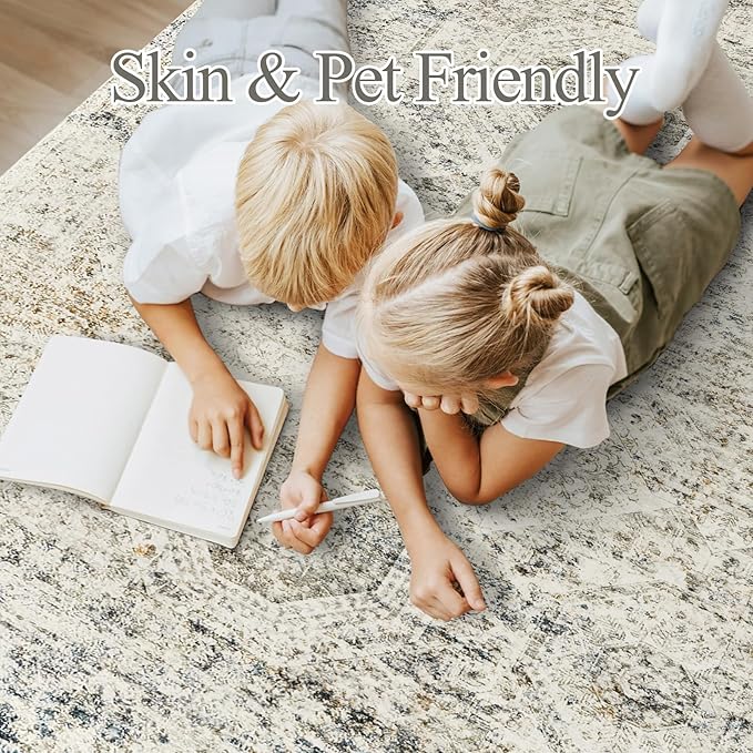 Washable Area Rug 8x10, Large Soft Rugs for Living Room Vintage 8x10 Area Rugs for Bedroom Dining Room Non-Slip Stain Resistant Under Table Blue Ivory Rug
