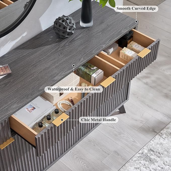 OKD Fluted Storage Cabinet with Drawers, 60" Morden Buffet Sideboard Coffee Bar Cabinet with 4 Doors and 3 Drawers for Dining Room, Living Room,Hallway (Dark Alder)