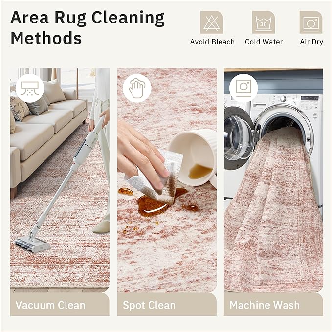Washable Area Rug 8x10, Large Soft Rugs for Living Room Vintage Area Rugs for Bedroom Dining Room Non-Slip Stain Resistant Pink Under Table Rug