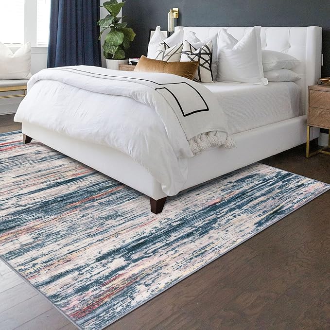 5x7 Modern Area Rug for Bedroom, Teal Blue Peach Gray Multi Large Teal Blue Peach Gray Multi Super Soft Rug with Non-Slip, Non-Shedding Rugs for Living Room, Indoor Door Mat for Home Décor