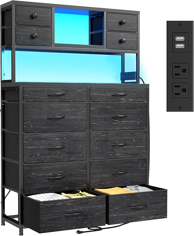 EnHomee Black Dresser with 14 Fabric Drawers, Dresser for Bedroom with Charging Station and LED Lights,Dressers & Chests of Drawers for Bedroom, Steel Frame & Wooden Top, Entryway