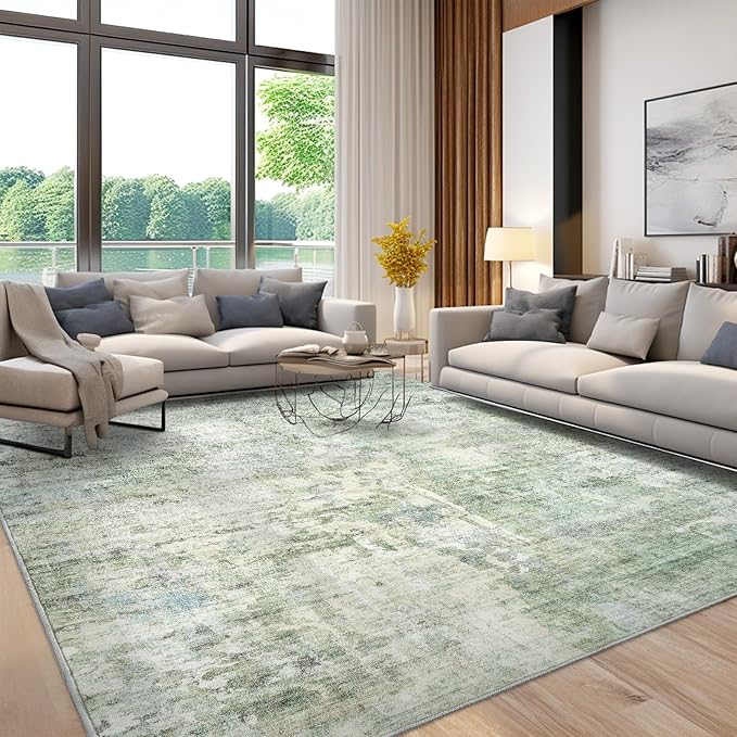 Abstract Rug 8x10 Large Living Room Rugs Neutral Modern Washable Area Rugs for Bedroom Dining Room Non-Slip Stain Resistant Foldable Thin Rug Green