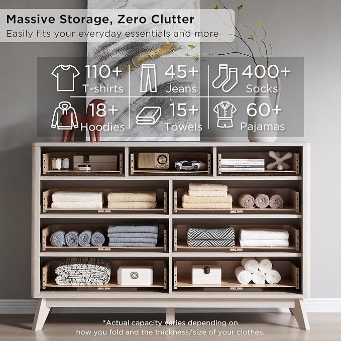 T4TREAM Fluted 9 Drawers Dresser, 54" Wide Modern Chest of Drawers, Curved Profile Design, Dresser TV Stand, Wood Drawer Organizer for Bedroom, Living Room, Hallway, White Alder