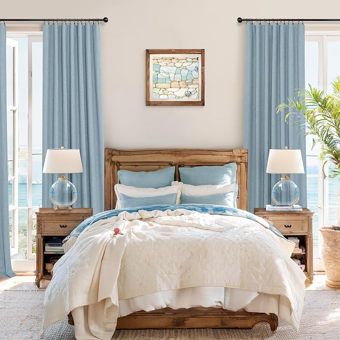 Slate Stone Blue Linen Blackout Curtains 90 Inch Long 2 Panels for Boys Bedroom Kids Back Tab Rod Pocket Pleated Thermal Insulated Energy Efficiency Full Shading Panels for Living Room 52 Inch Wide