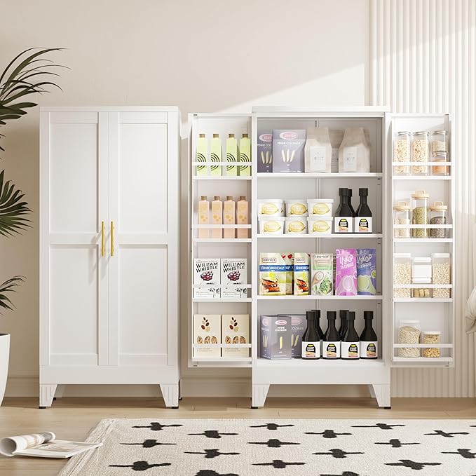 47" Kitchen Pantry Cabinet, Metal Storage Cabinet with 3 Adjustable Layer Shelves, 8 Door Shelves, Buffet Sideboard for Living Room, Kitchen, White