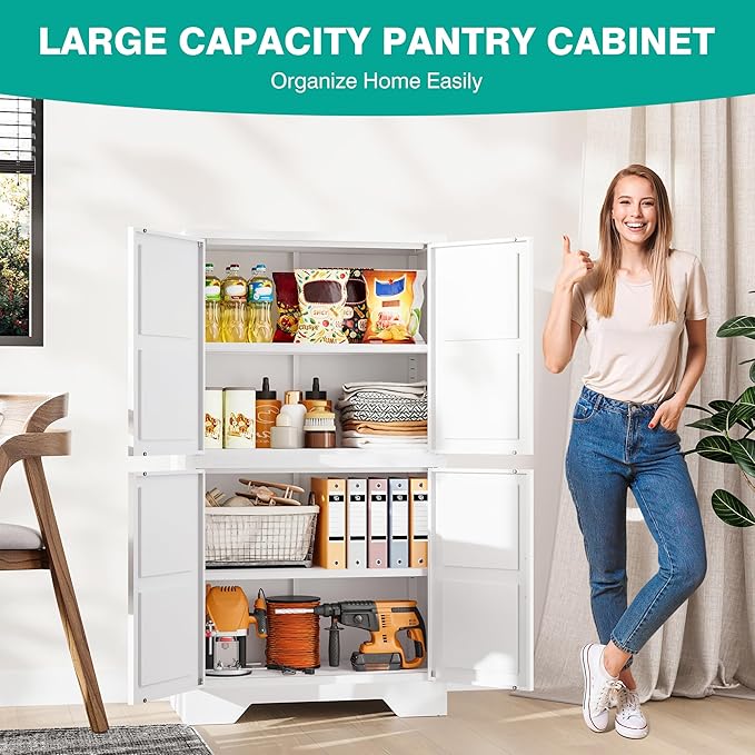 SISESOL White Storage Cabinet with 4 Doors and 2 Adjustable Shelves,Farmhouse Food Pantry Cabinets,Small Bathroom Cabinet,4 Tier Metal Storage Cabinets for Home Kitchen,Dining/Living/Laundry/Room | 4 Doors, 2 Adjustable Shelves, Farmhouse, Food Pantry ...