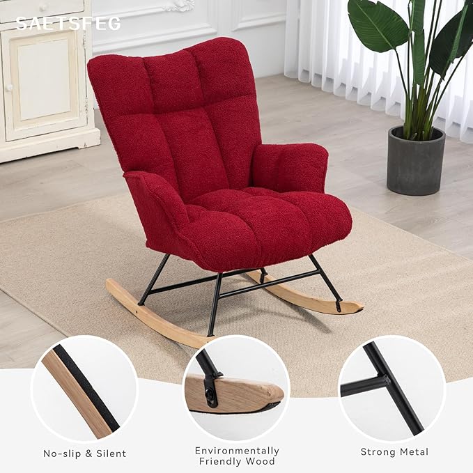 Rocking Chair Nursery Teddy Upholstered Glider Rocker Rocking Accent Chair Padded Seat with High Backrest Armchair Comfy Side Chair for Living Room Bedroom Offices (Burgundy Teddy)