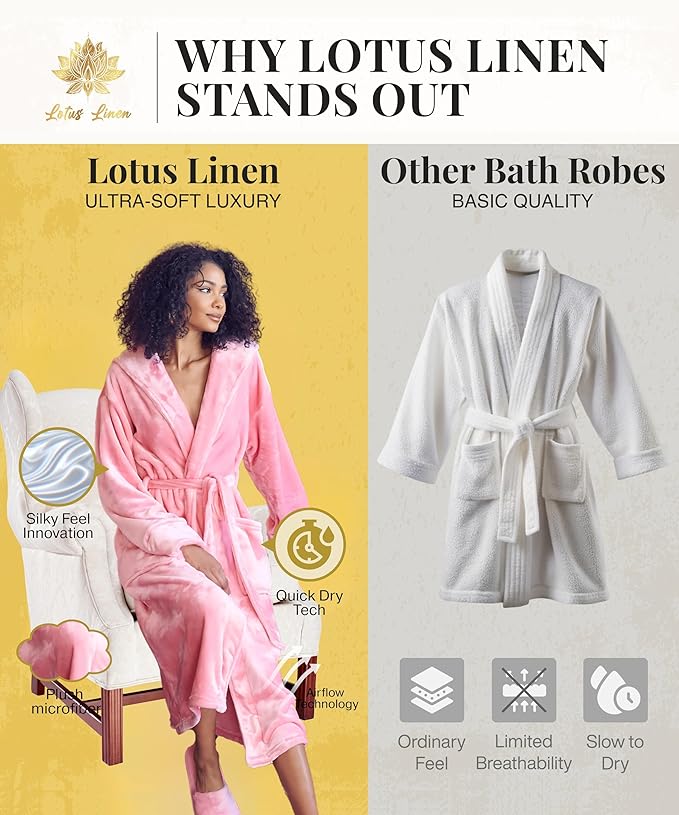 Lotus Linen Plush Robes for Women - Soft Bathrobe, Custom Monogram, Warm Fleece Robe with Pockets