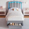 Velvet Upholstered Twin LED Bed Frame with Storage Drawer and Adjustable Double Wavy Headboard, Princess Platform Bed for Kids/Girls/Boys, Solid Wood Slats Support,No Box Spring Needed,Grey