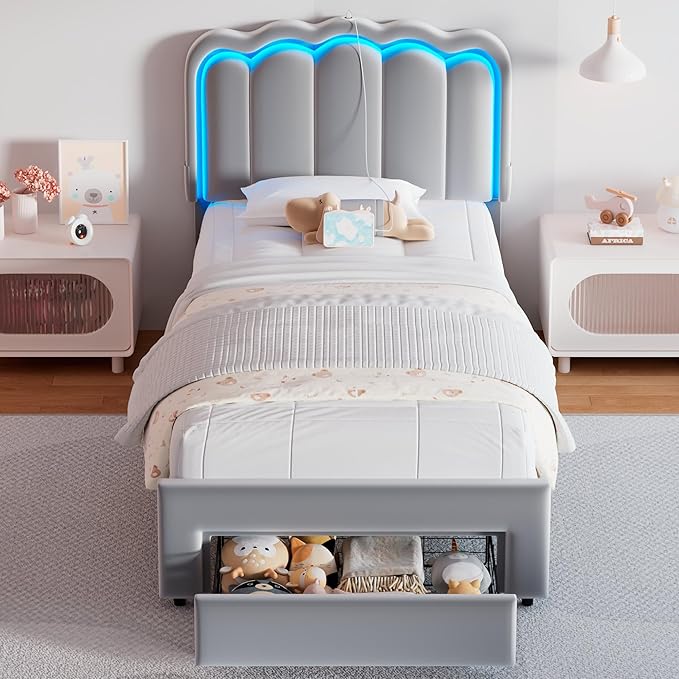 Velvet Upholstered Twin LED Bed Frame with Storage Drawer and Adjustable Double Wavy Headboard, Princess Platform Bed for Kids/Girls/Boys, Solid Wood Slats Support,No Box Spring Needed,Grey