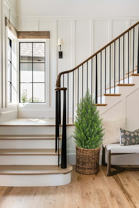Briful 2PCS 3ft Artificial Cedar Topiary Trees in White Planter – Compact Faux Evergreen Potted Plants with Dense Realistic Layered Leaves, Lifelike Fake Trees for Home, Office, Patio, Porch