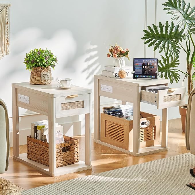 LEYAOYAO Narrow Side Table with Charging Station, Rattan Night Stand with Drawer Storage, Natural Wood Bedside End Table with Metel Handle for Small Spaces, Boho Nightstand for Living Room Bedroom