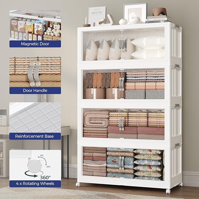 360QT Plastic Stackable Storage Bins with Lid, 90GAL Extra Large Collapsible Box with Wheels Clear Door, Foldable Closet Organizer Container Cabinet Drawer for Home Kitchen，3Pack, White