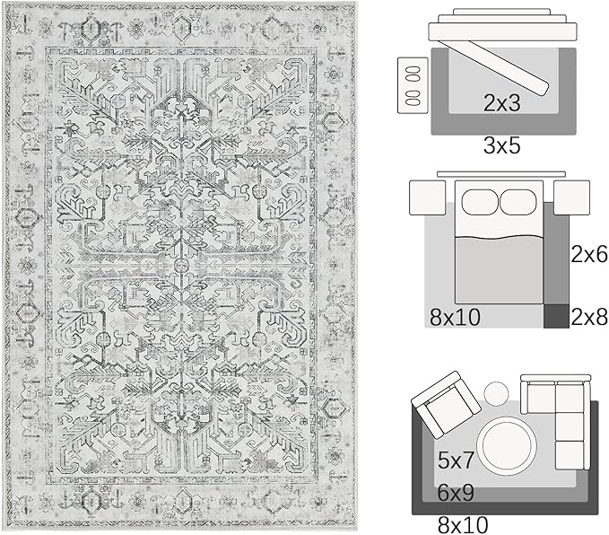 jinchan Lima 2x3 Entryway Washable Rug - Non-Slip Indoor Distressed Doormat Small Rug Low Pile Ultra-Thin Accent Floral Print Indoor Mat for Entrance Kitchen Bathroom Bedroom (2x3ft, Grey)