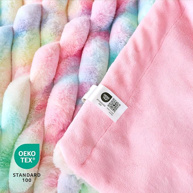 Cozy Bliss Faux Fur Throw Blanket for Couch, Cozy Warm Plush Striped Blanket for Sofa Bedroom Living Room, 60 * 80 Inches Tie-dye Rainbow