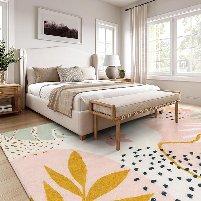 Lahome Washable Pink Area Rugs 9x12 Living Room Carpet Non-Slip Backing Ultra-Thin Extra Large Rug Lightweight Throw Non Shedding Dining Room Rug，Boho Botanical Print Rug for Bedroom Guest Room Home