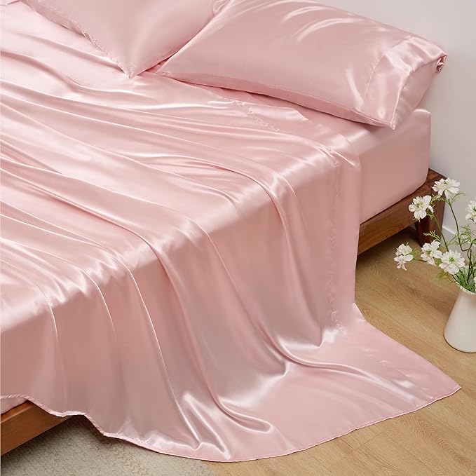 Bedsure Pink Satin Sheets Full Size - 4 Piece Silky Bedsheets with 15 Inches Deep Pocket Fitted Bedsheet,1 Flat Sheet, 2 Satin Pillowcases, Good for Hair & Skin (Full, Pink)