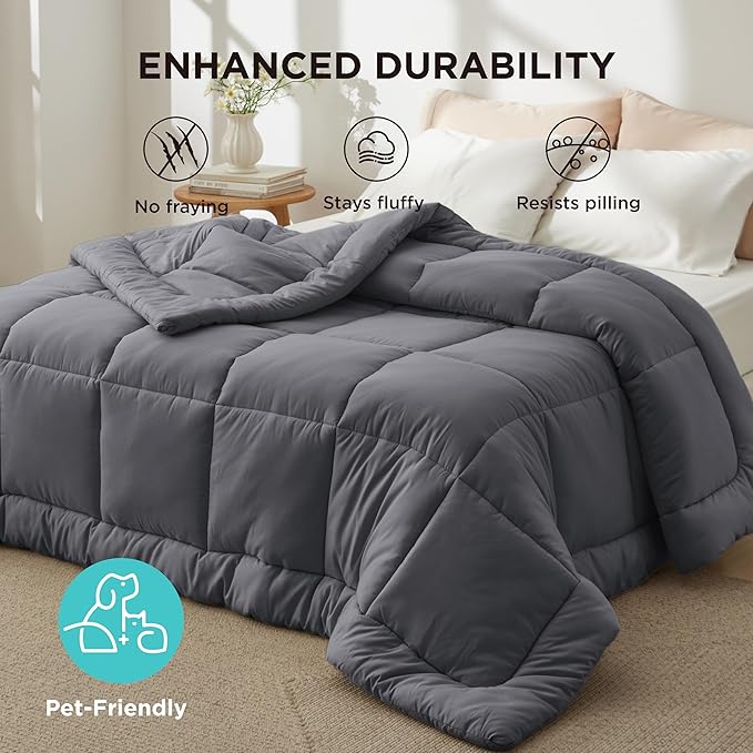 Bedsure Comforter Duvet Insert - Quilted Comforters King Size, All Season Duvet, GentleSoft Down Alternative Bedding, with 8 Tabs, Gifts for Women/Men, Grey, King 90 x 102 Inches