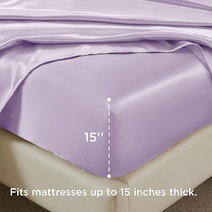 Bedsure Satin Sheets King Size - 4 Piece Silky Bedsheets with 15 Inches Deep Pocket Fitted Bedsheet,1 Flat Sheet, 2 Satin Pillowcases, Good for Hair & Skin (King, Lavender)
