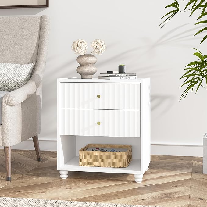Modern Nightstand, Fluted End Table with 2 Drawers, Nightstand with Open Shelf for Bedroom (2, White)
