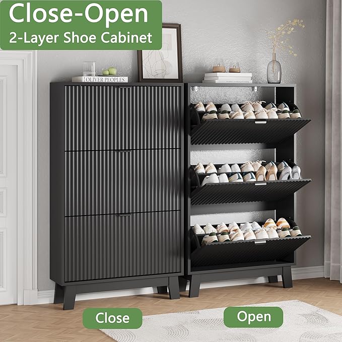 Shoe Cabinet with 3 Flip Drawers, 54" Tall Narrow Fluted Shoe Storage Organizer for Entryway, Hidden Slim Wooden Shoe Rack Cabinet for Front Door Entrance, Hallway, Living Room, Solid Black