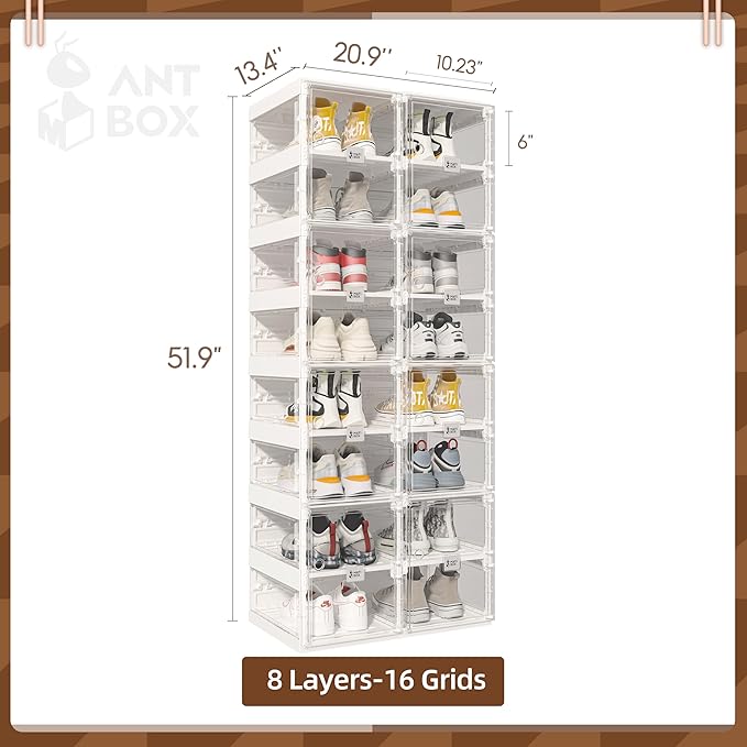 ANTBOX Foldable Shoe Rack,Shoe Organizers for Closet Plastic Shoe Storage Box Space Saving for Entryway, Large Sturdy Stackable Sneaker Cabinet Bins with Magnetic Clear Door 8 Tiers 16 Pairs