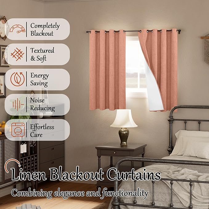 60 Inch Wide Linen Blackout Fall Curtains for Bedroom, Terracotta Curtains 63 Inch Long 2 Panels, Total Black Out Thermal Insulated Energy Saving Boho Window Drapes, 60x63 Inch 2 Panels