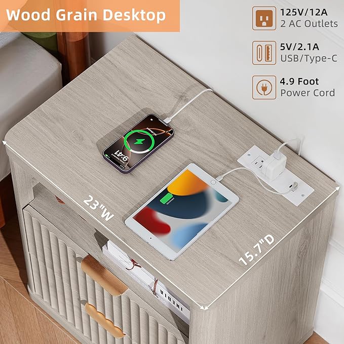 LEYAOYAO Fluted Nightstand with Charging Station, 23" Wide 2 Drawers Night Stand,LightGrey End Table with Open Storage,Farmhouse Bed Side Tables, Wood Dresser for Bedroom, Living Room, Closet
