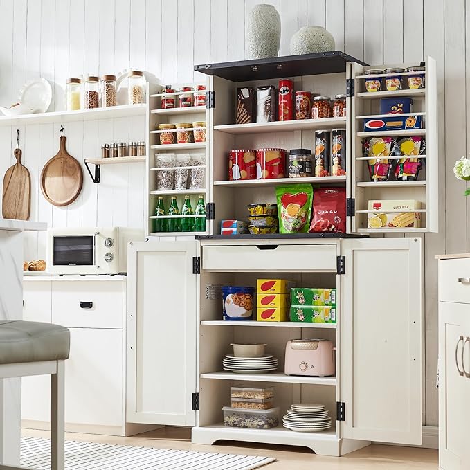 ACCOHOHO 72" Tall Kitchen Pantry, Farmhouse Storage Cabinet with Barn Doors, Organizer, Drawer and Adjustable Shelves, Rustic Wood Cupboard for Kitchen, Dining Room, Bathroom, Off White | Barn Doors, Organizer, Drawer, Adjustable Shelves, Cupboard