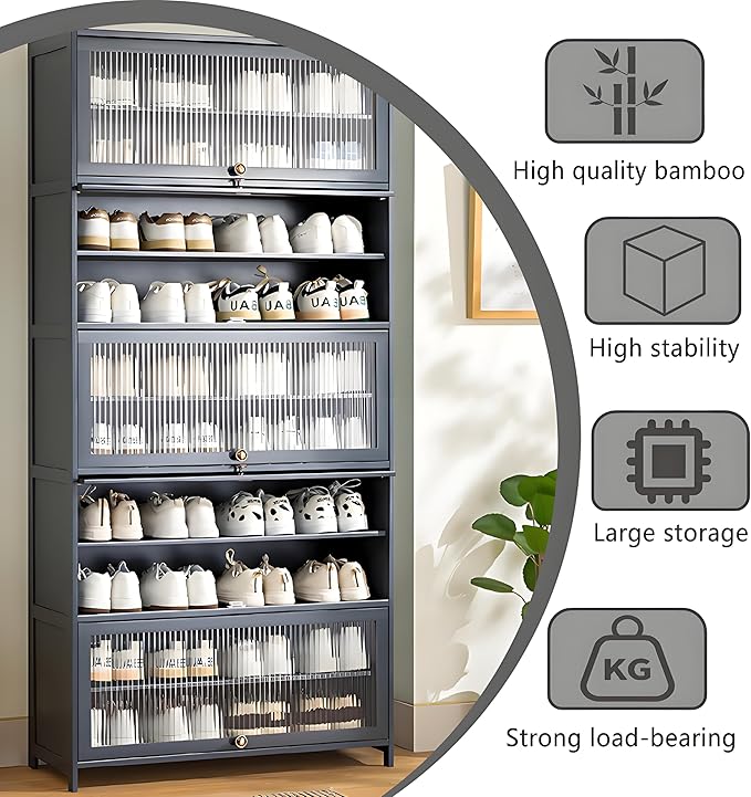 Tall Shoe Cabinet with Clear Doors, Large Capacity Bamboo Shoe Cabinet, 40-45 Pairs Shoe Rack Organizer for Closet Entrance, Hallway, Living Room, Bedroom