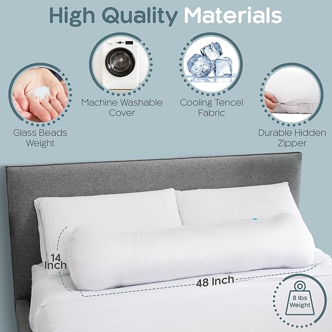 Weighted Body Pillow 8lbs - Weighted Pillow for Deeper Sleep (48” x 14”) - Cooling Body Pillows for Adults, Full Body Pillow for Adults, Side Sleeper Body Pillows with Cover (X-Large/White)
