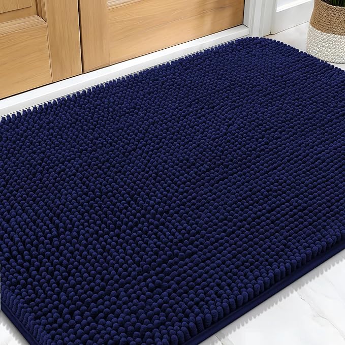 OLANLY Dog Door Mat for Muddy Paws 34x21, Absorbs Moisture and Dirt, Absorbent Non-Slip Washable Doormat, Quick Dry Chenille Mud Mat for Dogs, Entry Indoor Entryway Carpet for Inside Floor, Navy Blue