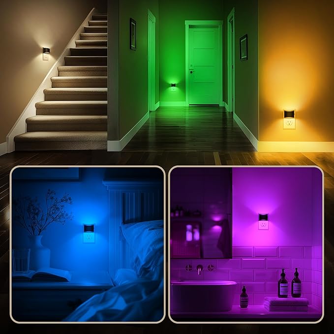 DORESshop LED Night Light[2 Pack], RGB Night Lights Plug into Wall, 3 Level Brightness Adjustable Plug in Night Light, Dusk to Dawn Sensor, Nightlights for Adults, Bedroom, Bathroom, Hallway