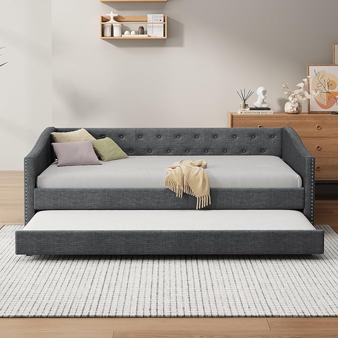 Favfurish Twin Size Daybed with Trundle Upholstered Day Bed Frame with Button Tufted Backrest and Nailhead Decorated Armrest for Living Room Bedroom,No Box Spring Needed,Dark Grey