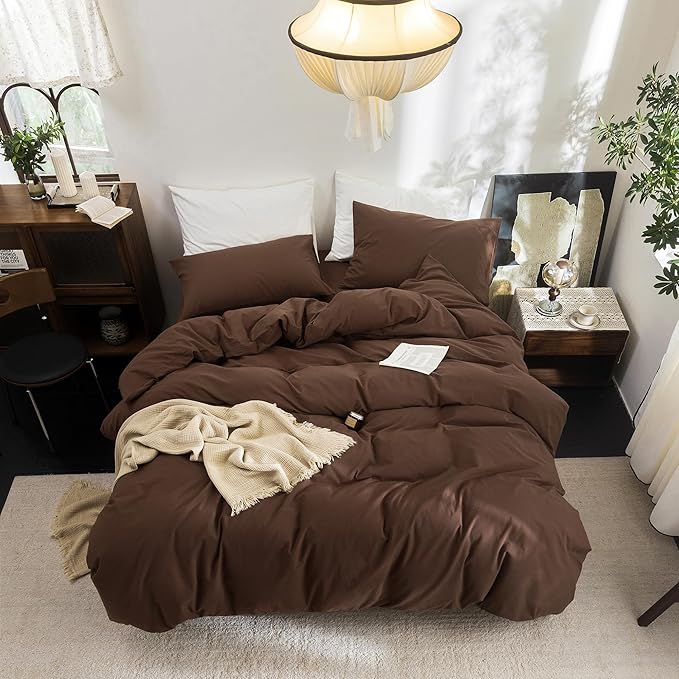 FOSSA Duvet Cover Set 100% Washed Cotton Linen Feel Super Soft Breathable Cozy Simple Style 3 Pieces Bedding Sets Solid Cocoa Brown Super King Plus