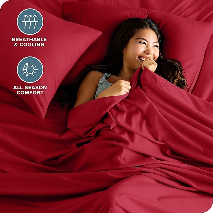 Bare Home Hotel Luxury Twin XL Sheet Set, Extra Soft - 4 Piece Set - Deep Pockets - Easy Fit - Cooling & Breathable - Wrinkle, Fade, Stain Resistant - Includes 2 Pillowcases (Twin XL, Red)