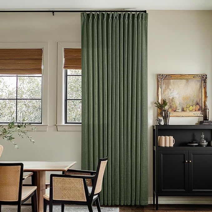 Pleated Linen Curtains 90 Inches Long for Living Room Pinch Pleat Hooks for Track System Back Tab Custom Made Memory Shape Drape Light Filtering Olive Green Living Room Bedroom Window Curtain 90 Inch