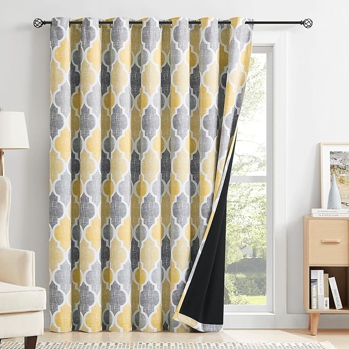 Beauoop 100% Blackout Curtains 84 Inches Long for Patio Sliding Door Yellow Grey Extra Wide Moroccan Geo Room Darkening Thermal Soundproof Room Divider Grommet Window Treatment Drapes,100x84 Set of 1
