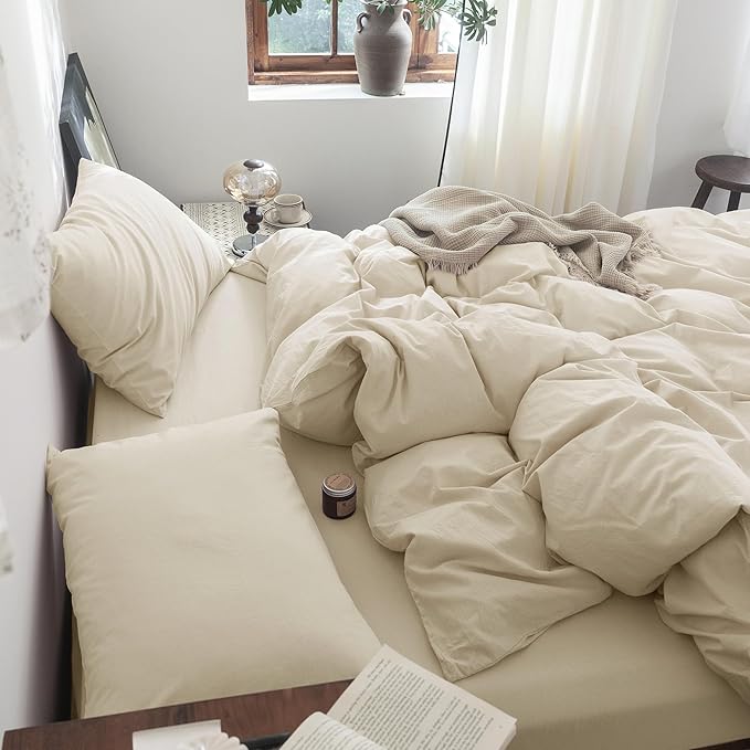 FOSSA Duvet Cover Set 100% Washed Cotton Linen Feel Super Soft Breathable Cozy 3 Pieces Bedding Sets Solid Almond Grey Full/Double