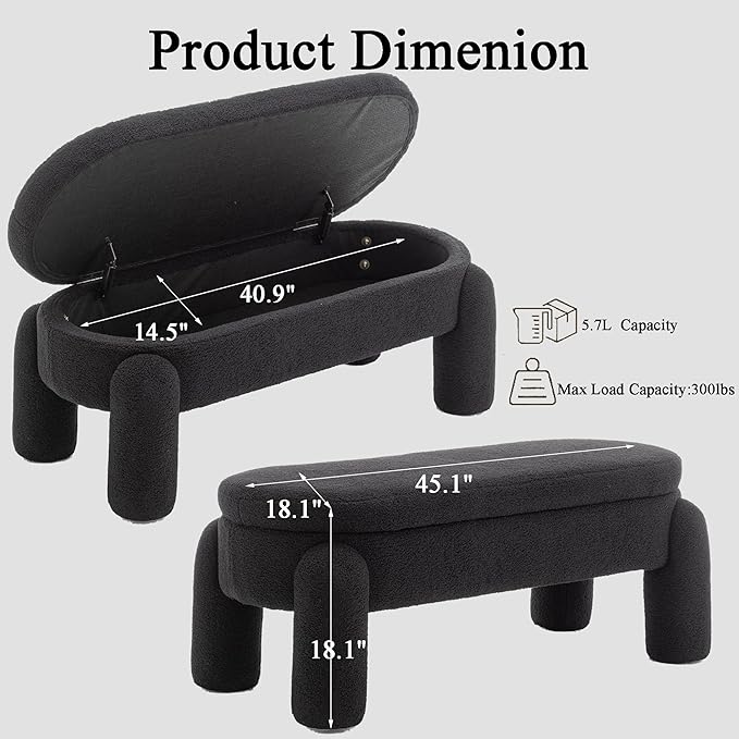 Ottoman with Storage, Large Foot Rest Ottoman Storage Bench,End of Bed Bench,Upholstered Seating,for Entryway, Hallway, Living Room,Bedroom (Black)