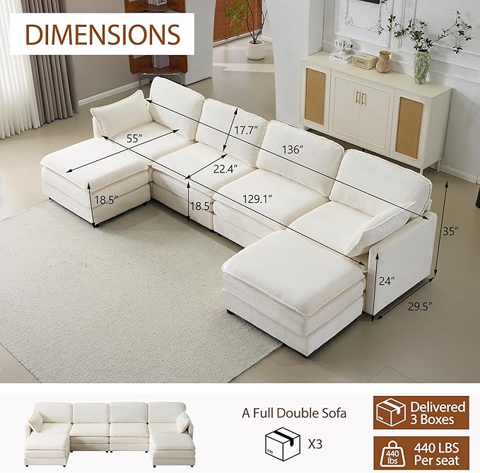 Plush Cloud 3-Seater Sofa with 2 Footstools and Beige Chenille Cushions, Modular 4-Seater Sofa for Small Space Apartment Living Room Bedroom