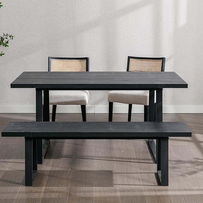 Wahson 60" Black Dining Bench Set of 2, Wooden Table Bench with Metal Legs, Modern Kitchen Bench for Enrtyway/Indoor/Dining Room