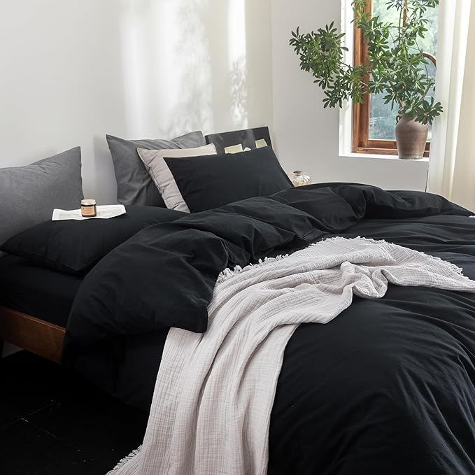 FOSSA Duvet Cover Set 100% Washed Cotton Linen Feel Super Soft Breathable Cozy 3 Pieces Bedding Sets Solid Black King