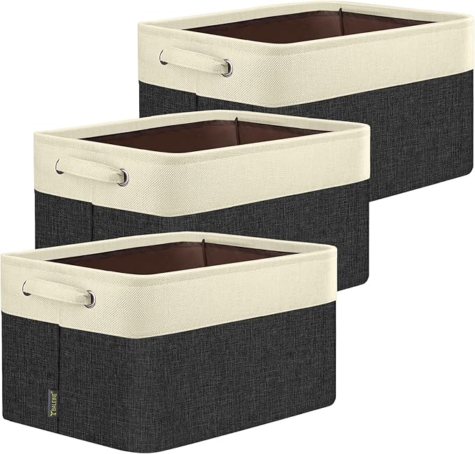 BALEINE 3 Pack Fabric Storage Bins for Shelves, Linen Storage Baskets for Organizing, Decorative Closet Bins for Clothes, Home (Black, 12"x8"x8")