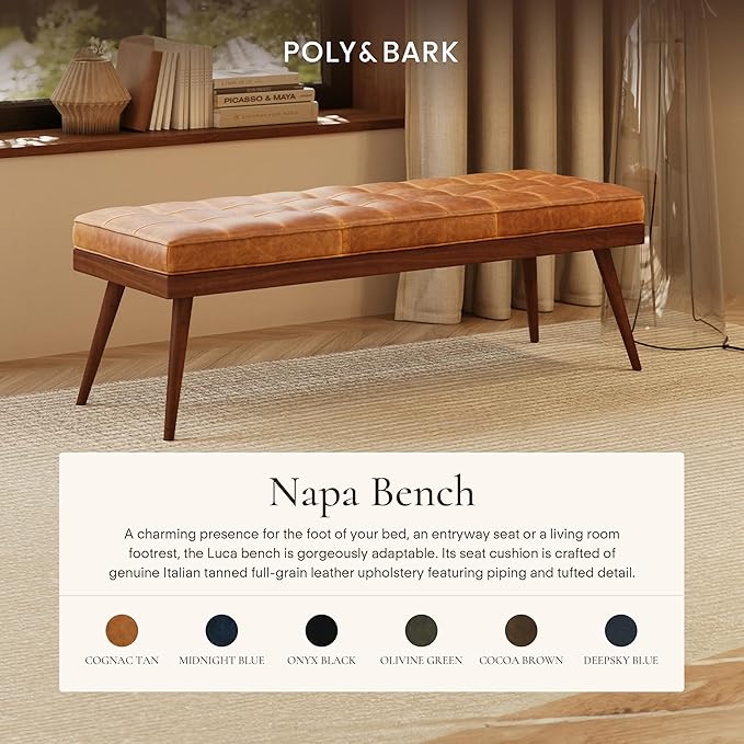 Poly & BARK 55" Tufted Leather Bed Bench for Bedroom End of Bed - Living Room Entry Way Bench - Pure Italian Leather Upholstery with a Solid Wood Frame - Ottoman Bench with Wooden Legs - Cognac Tan