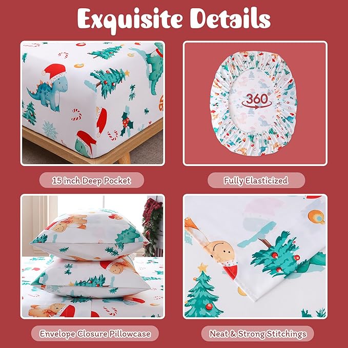 JSD Dinosaur Kids Christmas Sheet Set Full Size, 4 Piece Soft Printed Microfiber Bed Sheets Deep Pocket