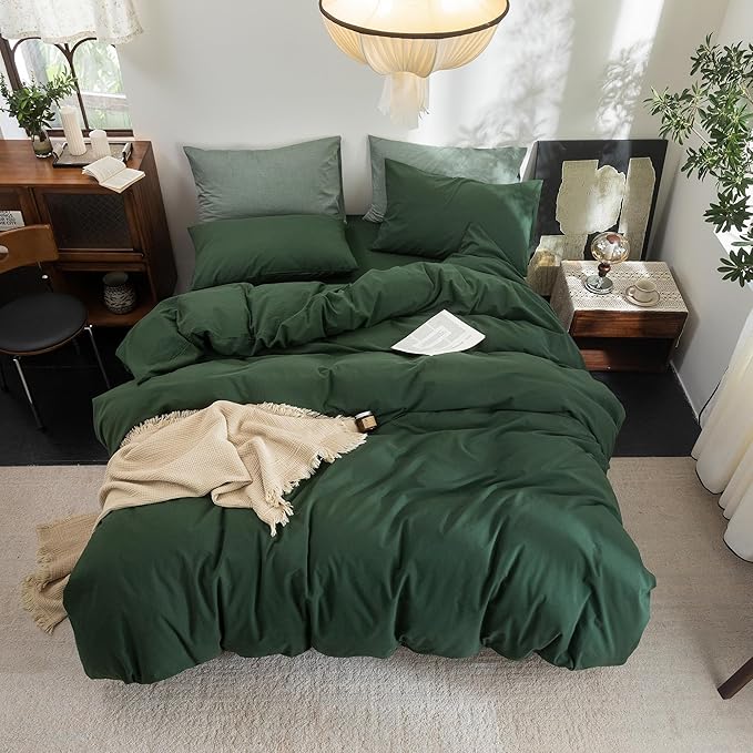 FOSSA Duvet Cover Set 100% Washed Cotton Linen Feel Super Soft Breathable Cozy 3 Pieces Bedding Sets Solid Forest Green Oversized King Plus