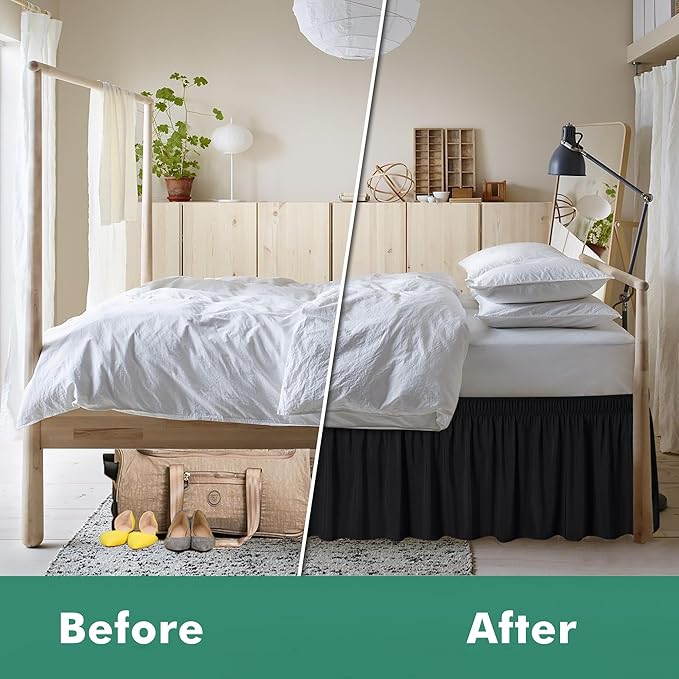Biscaynebay Wrap Around Bed Skirts with Split Corners for Queen Beds 18" Drop, Black Adjustable Elastic Dust Ruffles Easy Fit Wrinkle Resistant Silky Luxurious Fabric Machine Washable